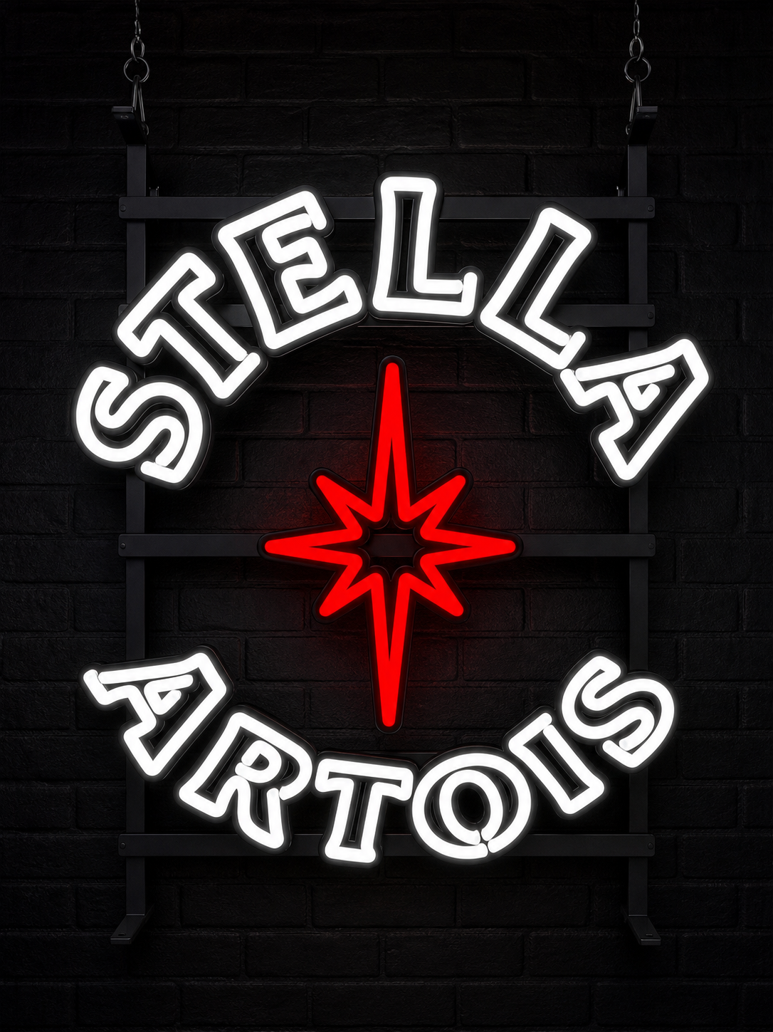 Graphic illuminated Stella Artois sign on a dark wall